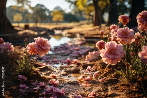 Pink flowers bloom by river, enhancing natural landscape