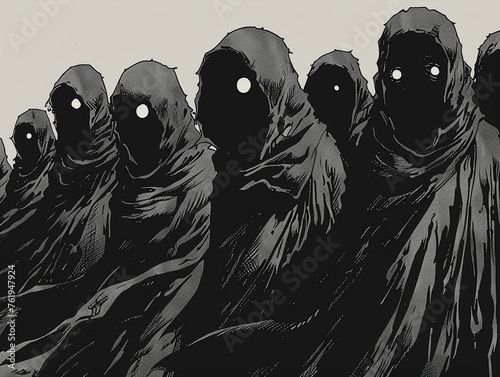 Dark monochrome illustration of hooded figures with glowing eyes, evoking mystery and fear.