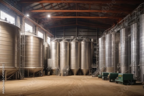 Agricultural silo processing plant in feed factory. Large tank for storing grain, wheat, corn, soybeans