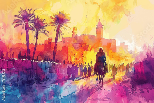 Purple watercolor of Jesus riding a donkey to Jerusalem, palm sunday