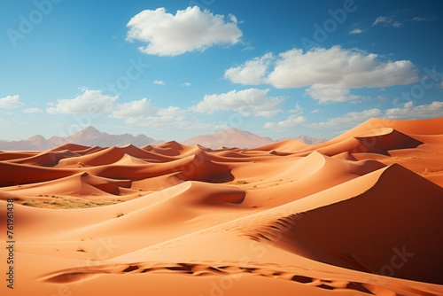 A vast desert landscape with sand dunes, mountains, and a clear blue sky
