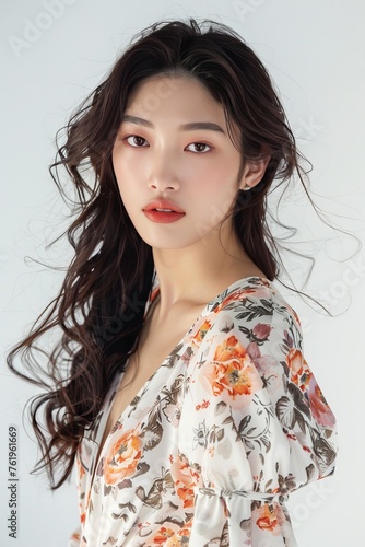 Portrait of a pretty young woman super model of Korean ethnicity showcasing a floral print maxi dress with a V-neckline and flutter sleeves, her hair styled in a half-up