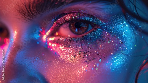 Female brown eyes in neon light. Young sexy girl in a nightclub. Macro look of the human eye. Fashionable glitter makeup on the face. Shining sparkles. Pink-blue-green color and new light, euphoria