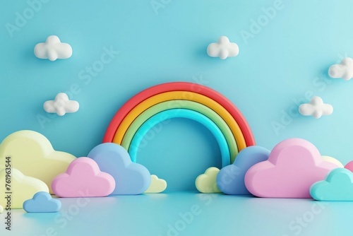 A cheerful cartoon-style rainbow arches joyfully among playful clouds against a soft blue background