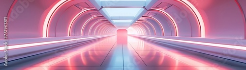 A long futuristic corridor with neon-lit arch entrances in a symmetrical
