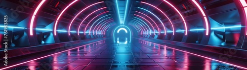 A long futuristic corridor with neon-lit arch entrances in a symmetrical