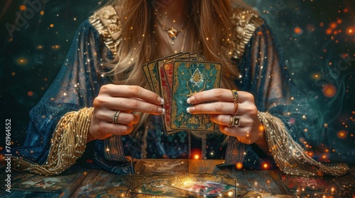 Female enchantress spreading tarot cards at table