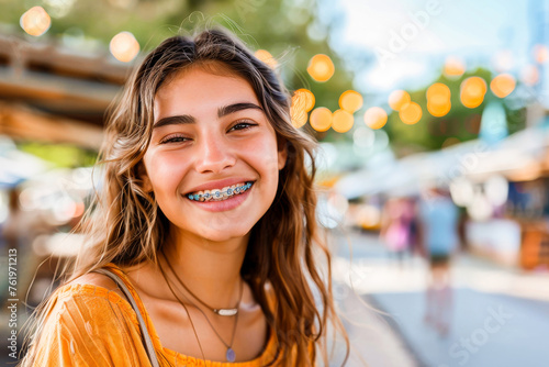 A smiling teenage girl with braces enjoying a sunlit summer street festival.