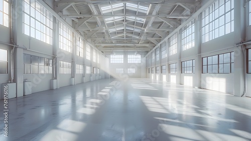 Spacious Industrial Factory Interior Bathed in Bright Light