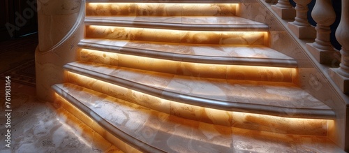 Marble railing on illuminated stairs