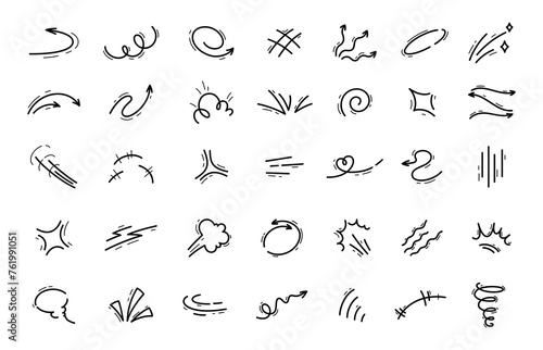 Hand drawn movement motion lines. Comic or manga motion page pencil doodle vector symbols set. Hand drawn graphic effect speed or hit movement, surprise expression, scream effect lines collection