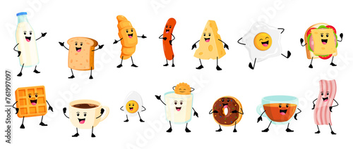 Cartoon cheerful breakfast characters. Vector set of milk bottle and glass, toast, croissant, sausage or cheese. Fried and boiled eggs, coffee or tea cup, donut, wafers and bacon isolated personages