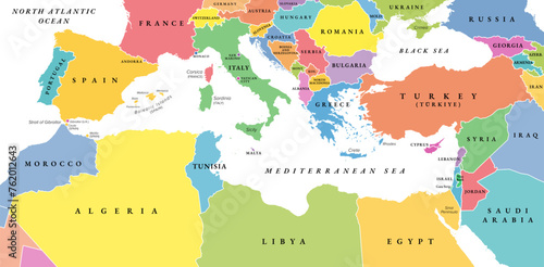 Mediterranean Basin, political map with different colored countries. The Mediterranean Sea and region with the countries of South Europe, North Africa and the Near East. Isolated illustration. Vector.