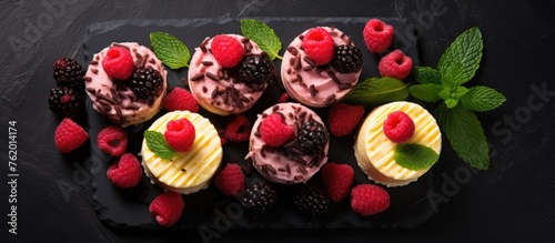 Delicious cakes with raspberry sauce on black slate board