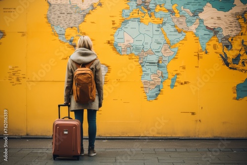 Person Standing in Front of Map With Suitcase
