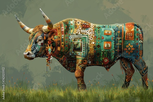 Colorful Bull With Horns in Field