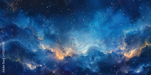  blue gradient watercolor Starry sky background, dark blue Watercolor galaxy background with stars and nebulae, Blue watercolor space ,banner