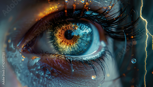 Close-up of an eye experiencing vitreous degeneration leading to floaters and flash of light. 