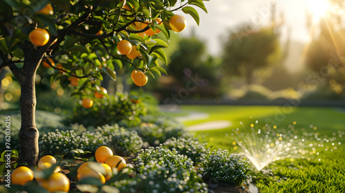 Automatic garden watering system with different rotating sprinklers installed on turf, landscape design with lawn and fruit garden irrigated with smart autonomous sprayers at sunset time