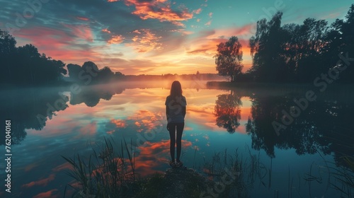 In a tranquil moment, a woman stands alone at the edge of a lake, watching the sky ablaze with sunset colors reflecting on the still water.