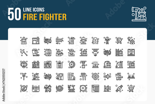 Set of 50 icons of Fire Fighter related to Firefighter, Fire Station ,Fire Truck Line Icon collection