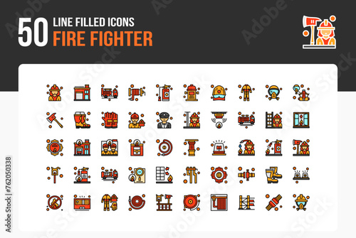 Set of 50 icons of Fire Fighter related to Firefighter, Fire Station ,Fire Truck Line Filled Icon collection