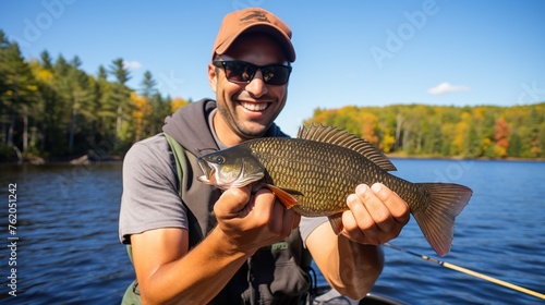 portrait of a man holding a fish caught in the river