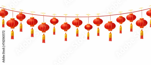 Traditional red lanterns. String of Chinese red lanterns isolated on white background, Chinese new year celebration banner border.