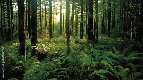 A dense forest with towering trees and a carpet of ferns