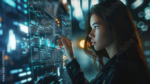 Professional woman interacting with futuristic touchscreen interface in a high-tech environment.