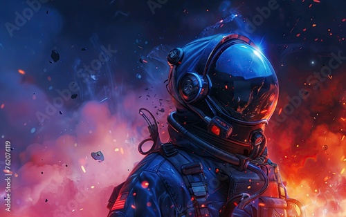 Astronaut Amidst Cosmic Blaze, astronaut, cosmic, blaze, space, helmet, visor, reflection, sparks, interstellar, flames, suit, exploration, science, fiction, fiery, red, blue, glow, embers, floating