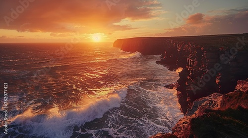 A coastal cliff bathed in the warm hues of sunset, overlooking crashing waves below