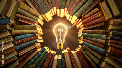 Ideas and knowledge concept image background with a glowing light bulb in middle of books in circle