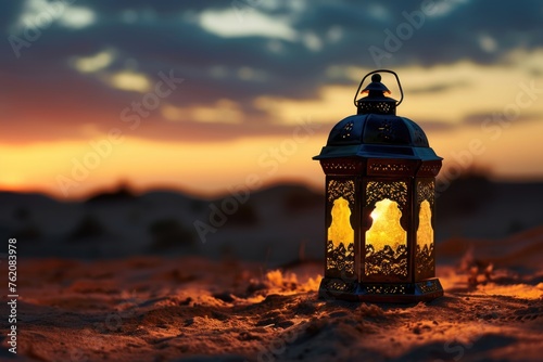 Eid Mubarak Banner with Illuminated Arabic Lamp on Sand During Sunset or Sunrise.