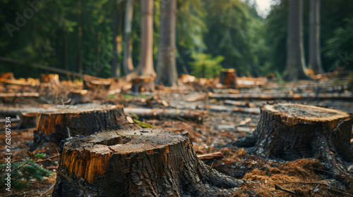 Dire consequences of deforestation with tree stumps