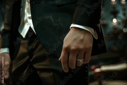 Close-up of a groom's hand adorned with an elegant wedding ring, showcasing a sophisticated suit in a wedding setting, concept of matrimonial ceremony and groom's attire 