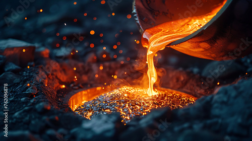Detailed view of a glowing molten metal being poured into a mold, demonstrating metallurgical processes. Generative AI illustration