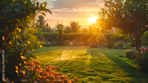 Landscape automatic garden watering system with different rotating sprinklers installed on turf, landscape design with lawn and fruit garden irrigated with smart autonomous sprayers at sunset time.