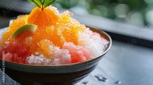 Fresh shaved ice with orange and watermelon flavors ,Generative ai, 