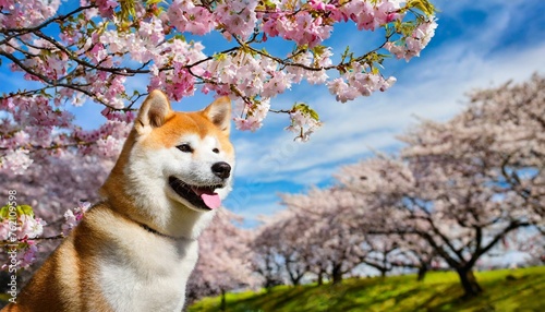 秋田犬と桜並木
