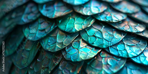 A closeup of the scales on a mermaid's tail, with iridescent teal and blue hues, Texture of purple blue dragon 