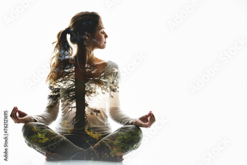 A tranquil image melding a yoga pose with an autumnal forest, reflecting stillness and connection with nature