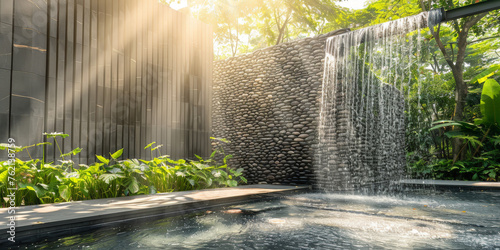 Waterfall in the garden with sunlight and bokeh background.copy space,banner