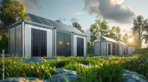 3D Rendering Solar container units. Concept of a white industrial battery energy storage container