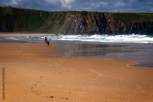 Mujer caminado sola con un perro por la playa