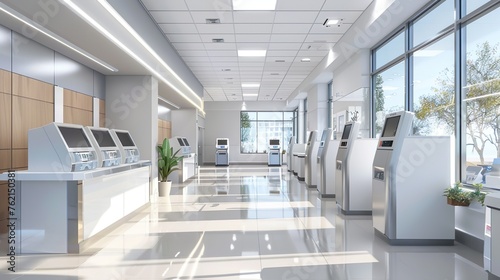 Virtual bank interior with rendered teller stations and A