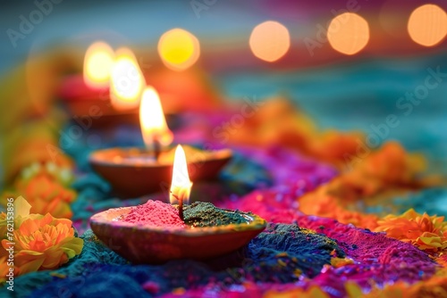 Colorful Diwali celebration with lit diyas and rangoli.
