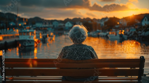 Rear view. Portray an old woman with grey hair sitting on a bench in a harbor during sunset. Generative AI.