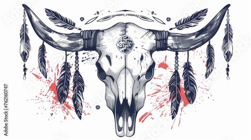 In this poster, postcard, invitation design, you can show off your boho chic, ethnic, native american or mexican bull skull with feathers on the horns and traditional ornamentation.