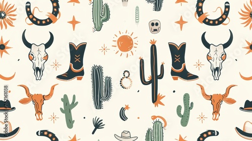 A collection of cowboy western boho cactus warm earthy colors modern patterns with assets like sun, snake, cowboy boots, bull skull, horseshoes and more.